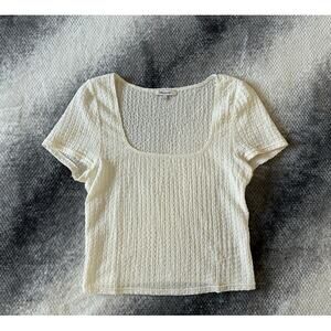 Madewell Popcorn White Square Neckline Ribbed Cropped Cap Sleeve Top Size Large